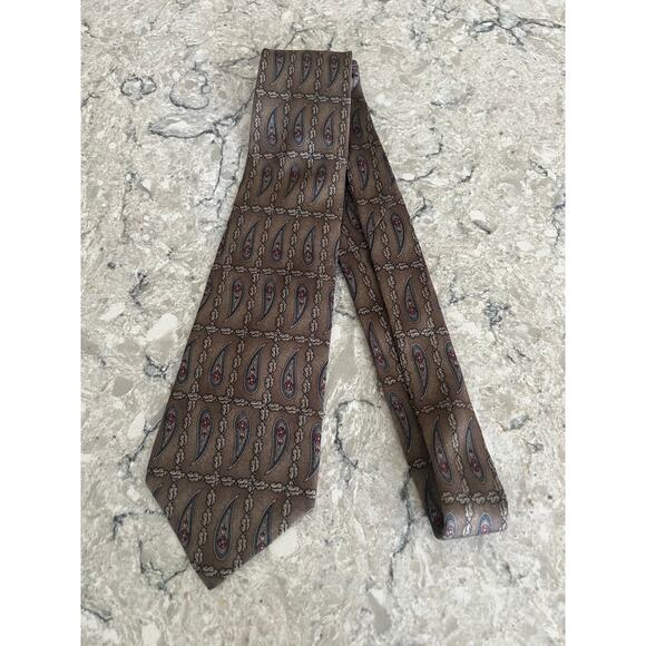 Zylos George Machado 100% Italian Silk Neck Tie Taupe Blue JL - Picture 6 of 8